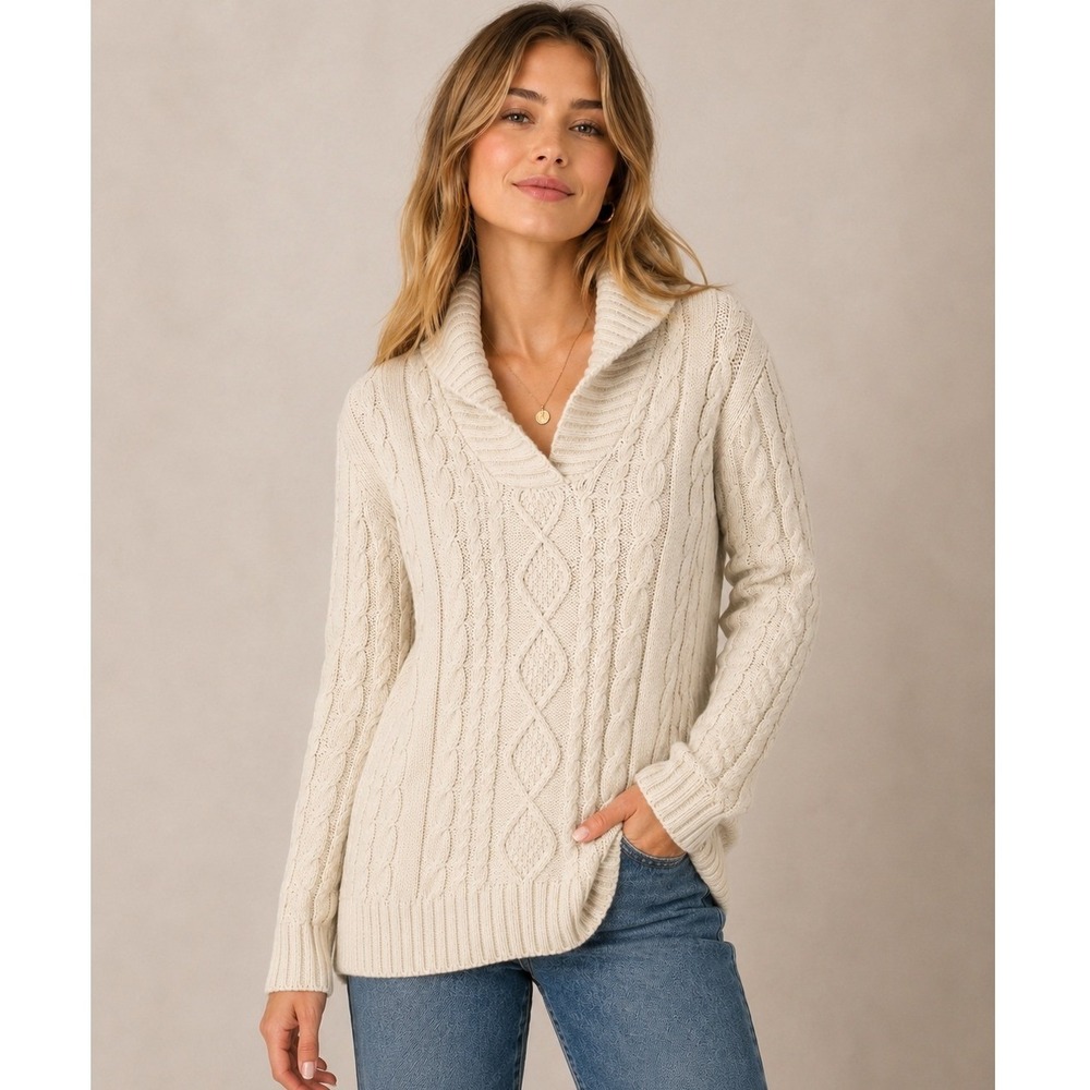 Willi Smith Vintage Cottagecore Fisherman Cable Knit Shawl Cotton Cream Sweater